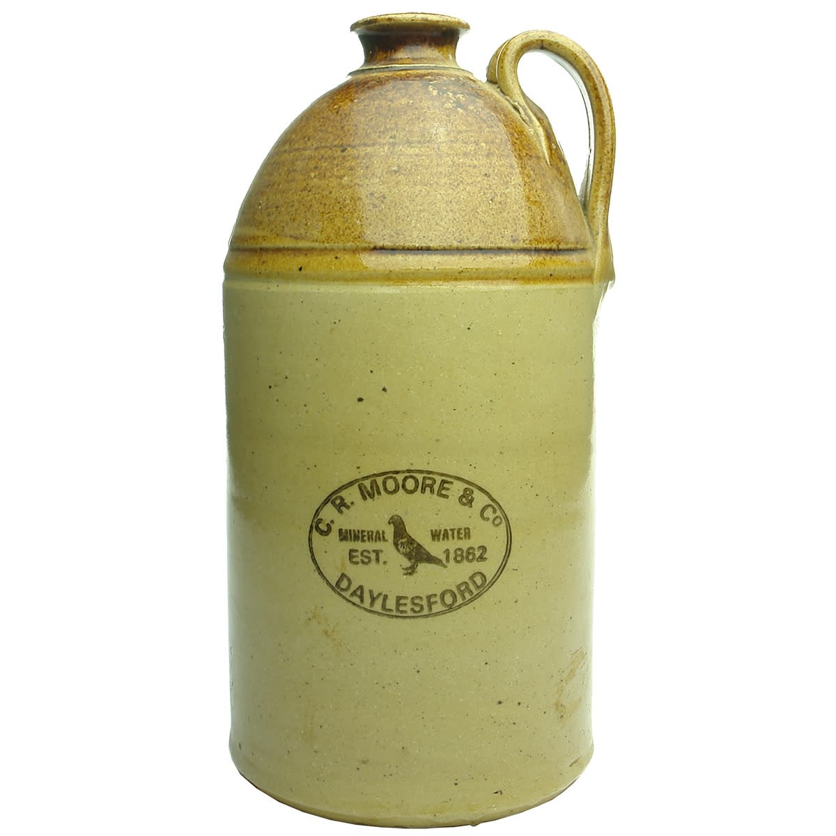 Demijohn. C. R. Moore & Co, Daylesford. Bennett's Magill Pottery. 1/2 Gallon. (Victoria)