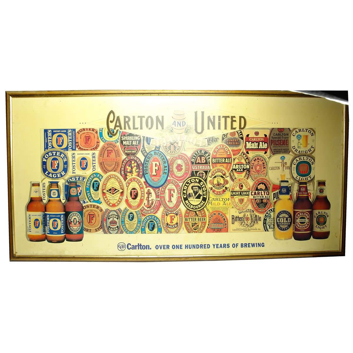 Framed Promotional poster for Carlton & United Breweries. CUB. Over One Hundred Years of Brewing. Old Labels and modern products.