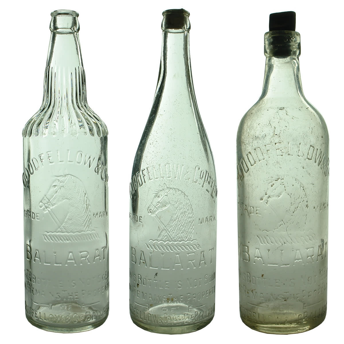 3 26 oz Goodfellow Ballarat Bottles. Crown Seal Cordial; Crown Seal & Machine top Internal Thread. (Victoria)