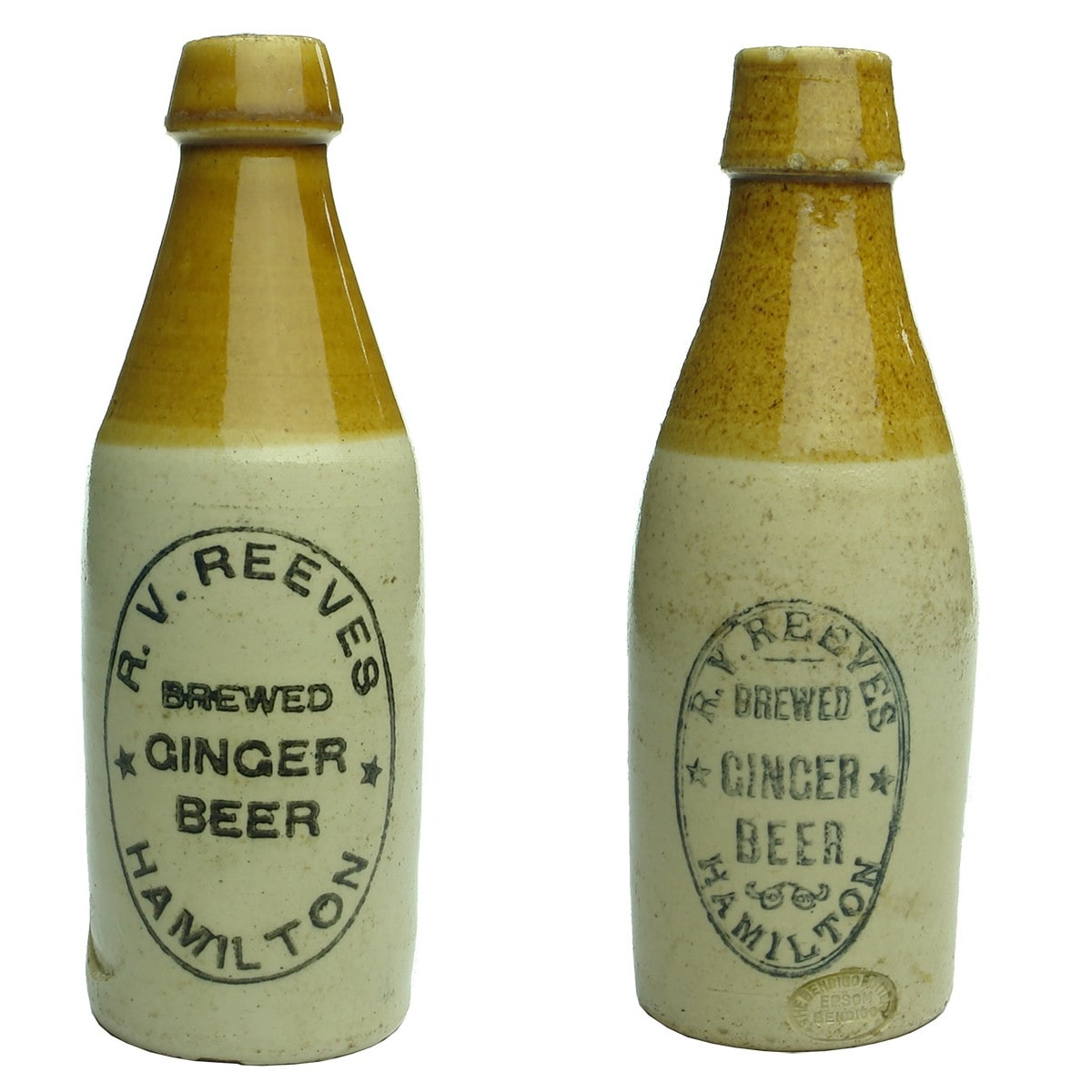 2 Ginger Beers. R. V. Reeves, Hamilton. Fowler pottery and Bendigo Pottery. (Victoria)