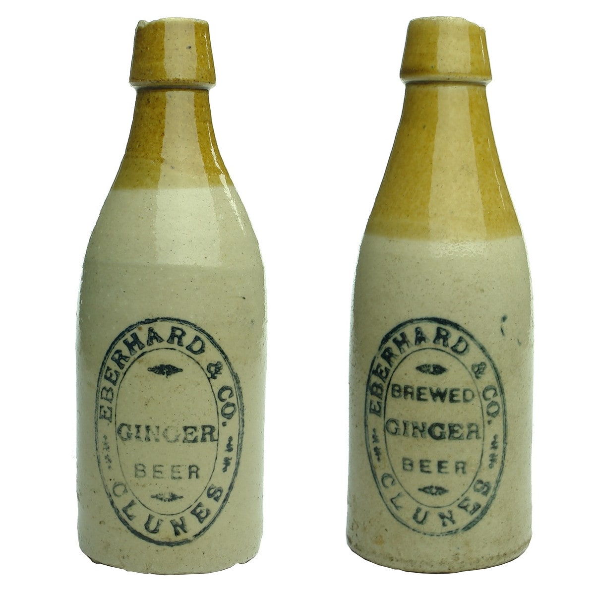 2 Ginger Beers. Eberhard & Co., Clunes. One with Brewed in stamp. Bendigo Pottery. (Victoria)