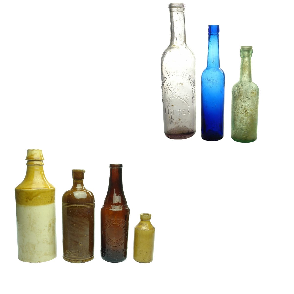 7 Bottles: 26 oz Rosella; 10 oz Castor Oil; Lackersteen Sauce; Mason's Sauce; 3 x Stoneware.