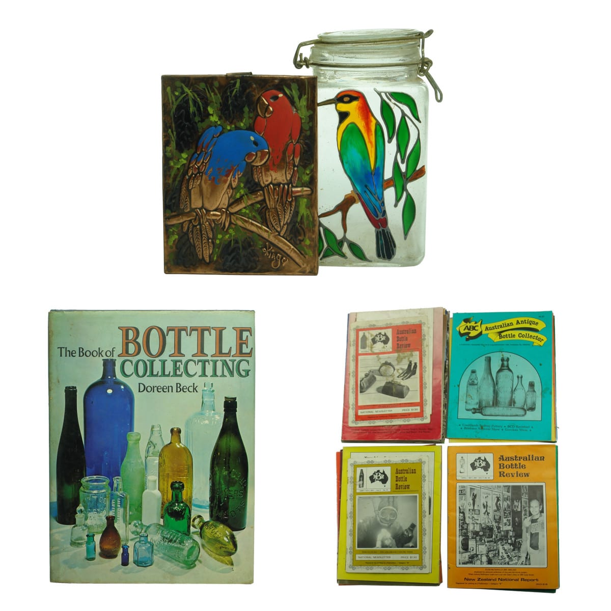 40 Items. Modern jar with bird design; Painted copper parrot picture; Doreen Beck book of Bottle Collecting; 37 Australian Bottle Collecting Magazines.