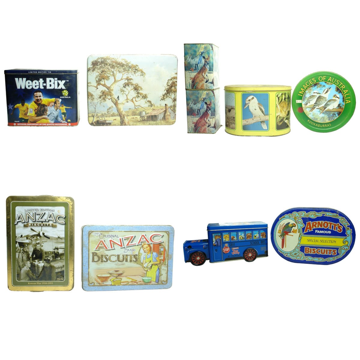 10 Australian Themed Tins. Weet Bix. Arnott's. Anzac. Willow. Scenes, Animals, Socceroos.