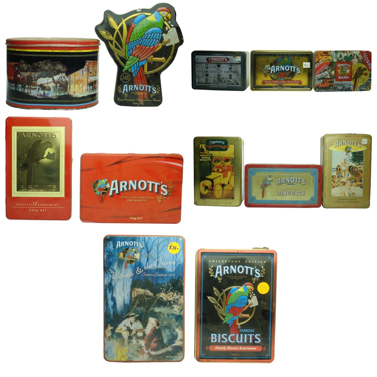 Box of 12 large Arnott's Biscuit tins. Various designs.