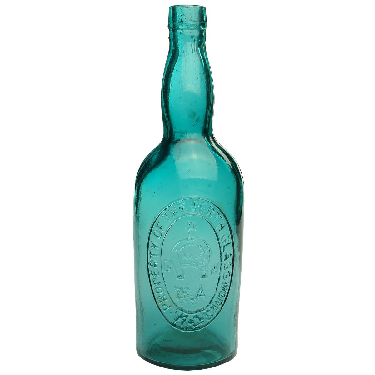 Wine or Spirits. Perth Glass Works. Recycled Blue-Green. 26 oz. (Western Australia)