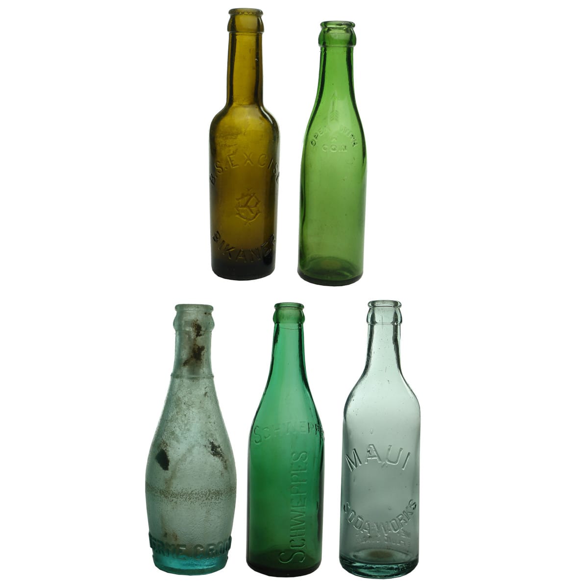 5 Crown Seals: B. S. Excise, Bikaner; Open with a Coin; Terme Crodo; Schweppes green; Maui Soda Works.