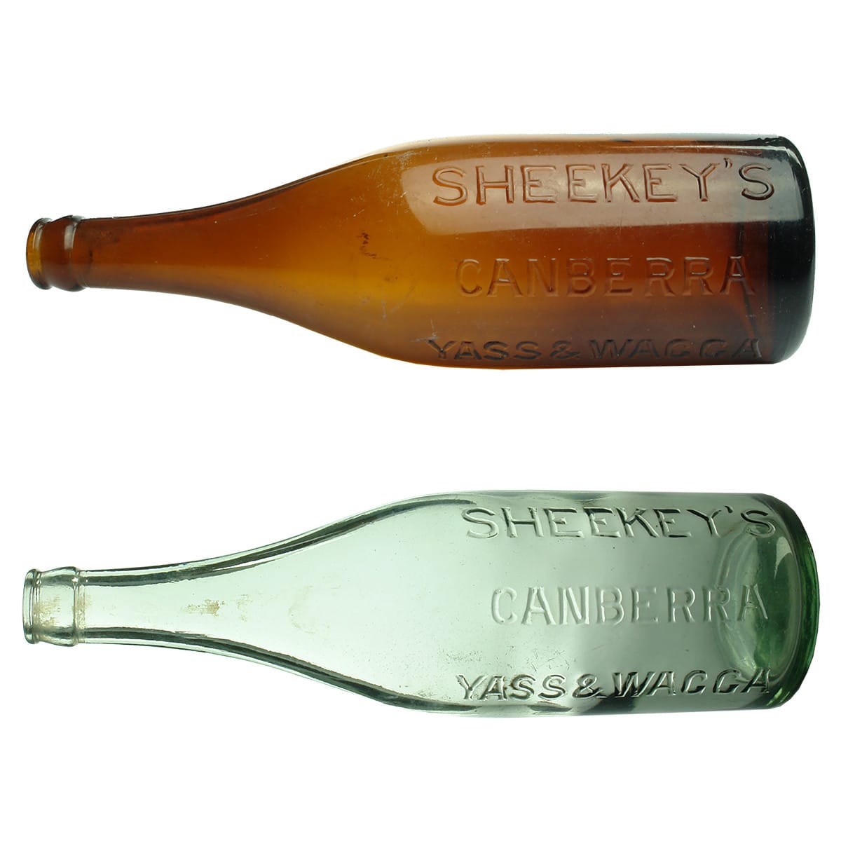 2 Crown Seals. Sheekey's, Canberra, Yass & Wagga. Amber & Aqua. 24 oz. (New South Wales & ACT)