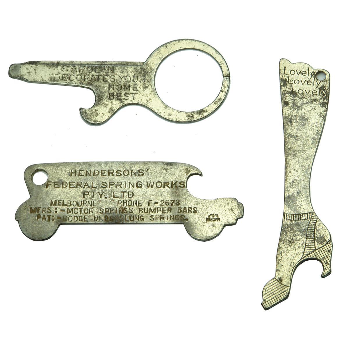 Openers. Three advertising crown seal openers: Sapolin Decorates Your Home Best; Henderson's Federal Spring Works, Melbourne; Holeproof Hosiery.