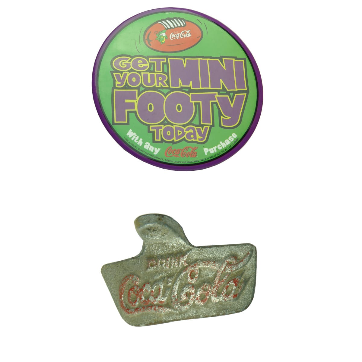 Two Coca Cola Items: Large promotional badge and a counter mounted Bottle Opener.