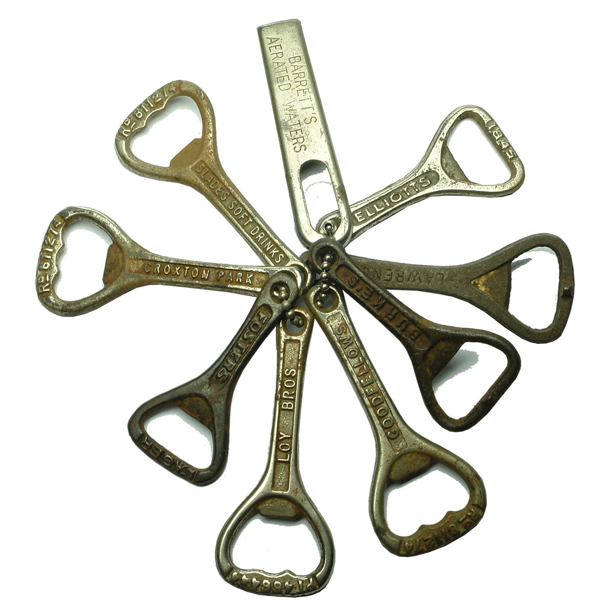 9 x crown seal openers: Barrett's Aerated Waters (plus internal thread opener); Eillott's Dry Ginger; Lawrence; Slades; Croxton Park Hotel; Abbot's/Foster's; Loy Bros., Melbourne; Goodfellow's (Ballarat); Burke's Guinness.