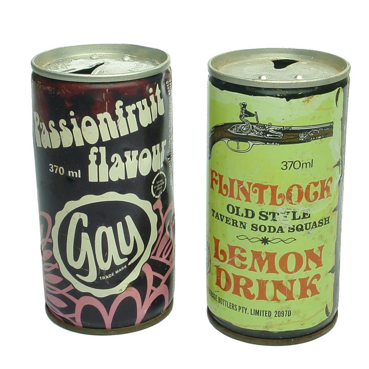 Pair of Soft Drink Cans. Gay Soft Drinks Newcastle. Flintlock lemon drink and Passionfruit Flavour. (New South Wales)