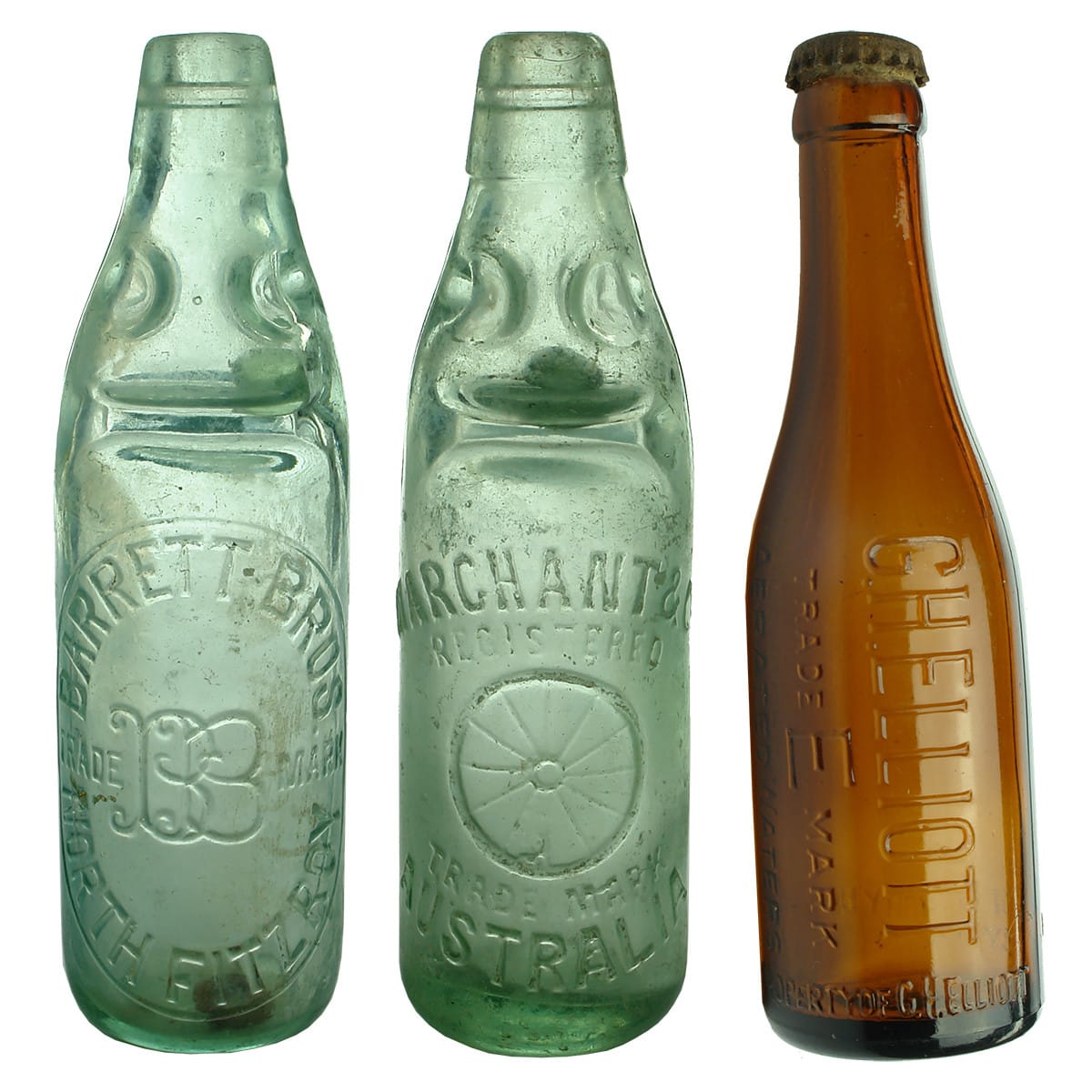 3 Aerated Waters: Barrett Bros North Fitzroy and Marchant & Co Australia Codds. G. H. Elliott Aerated Waters amber crown seal. (Victoria)