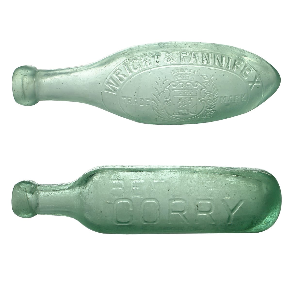 2 Bottles. Torpedo & Maugham. Wright & Pannifex, Prahran; Corry, Belfast.