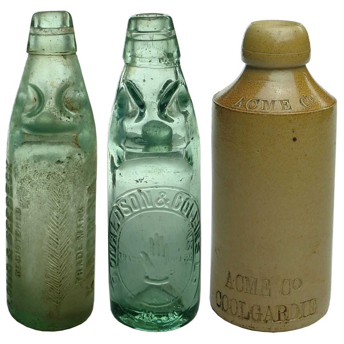 3 Western Australian Bottles: Long & Seebeck Kanowna Codd (replaced top); Donaldson & Collins Codd; Acme Co Coolgardie Ginger Beer. (Western Australia)
