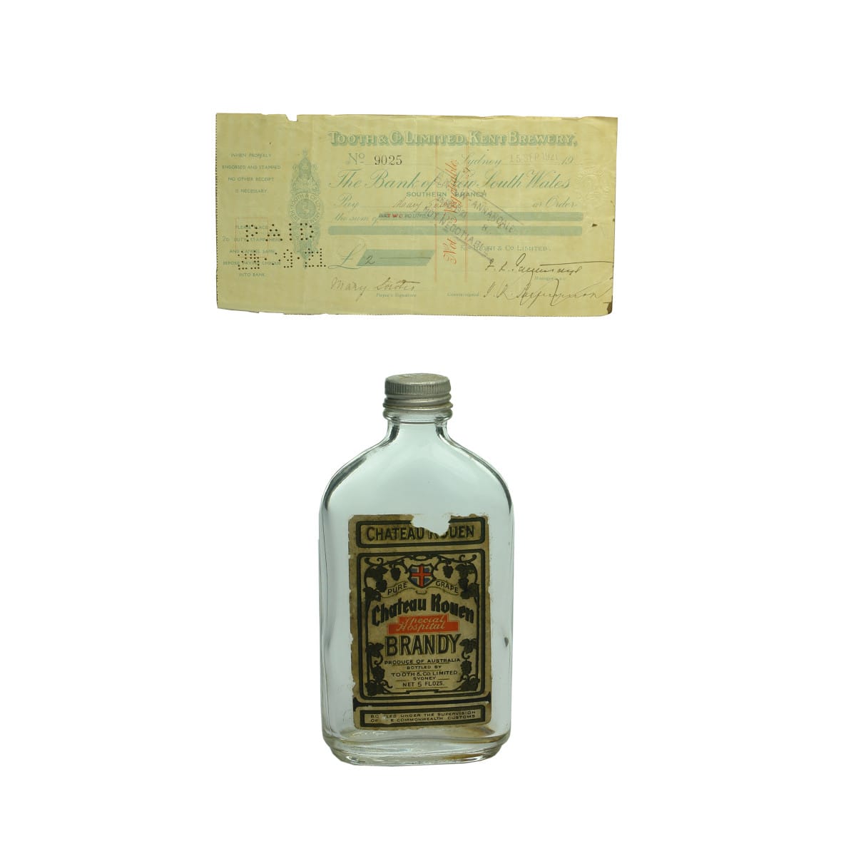 2 Items. Tooth & Co Kent Brewery Cheque from 1921; Labelled brandy flask. Chateau Rouen Hospital Brandy. (New South Wales)