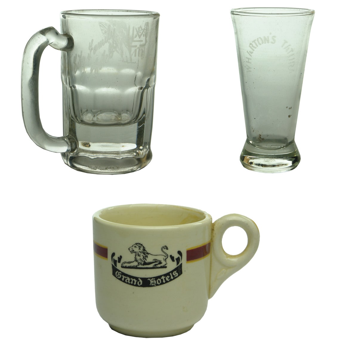 3 Hotel Items: City Family Hotel (Bendigo) Beer Mug; Wharton's Tatura beer glass; Grand Hotels cup.