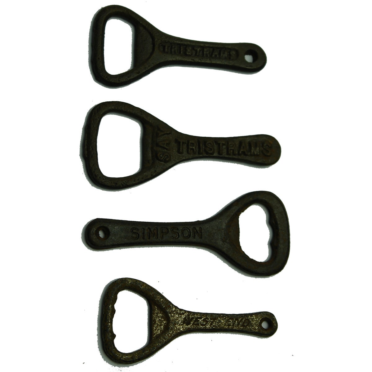 4 Advertising Cast Iron crown seal openers: 2 x Tristrams; Simpson & West End. (Queensland & South Australia)