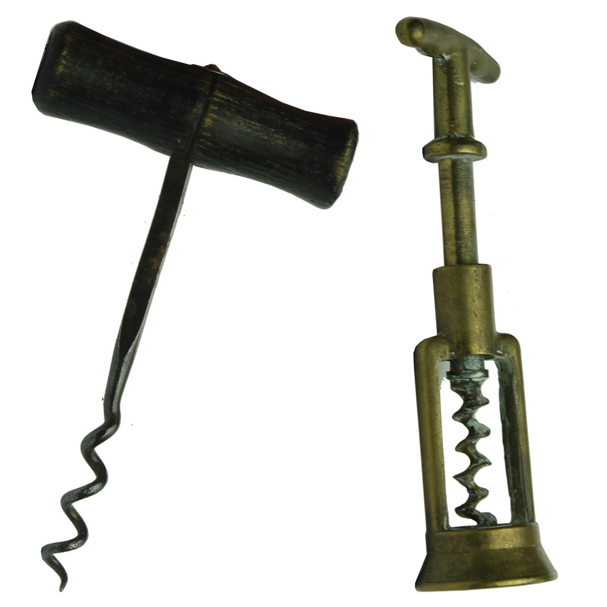 Two corkscrews. Solid brass and a wooden handled variety.