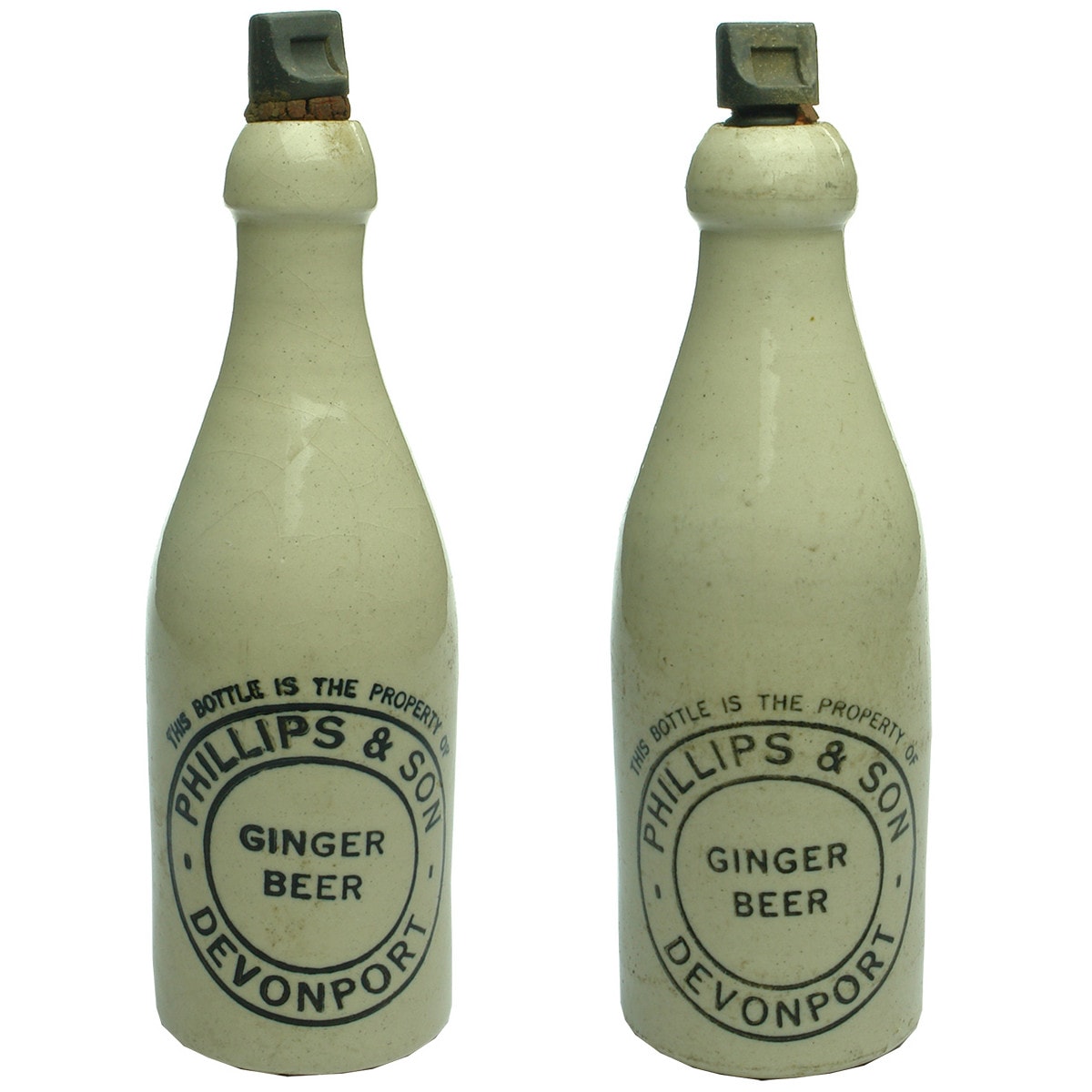 2 Ginger Beers. Phillips & Son, Devonport. Different Fowler pottery stamps. (Tasmania)