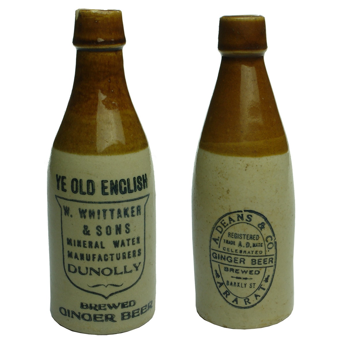 Pair of Ginger Beers: W. Whittaker & Sons Dunolly and A. Deans & Co., Ararat. (Victoria)