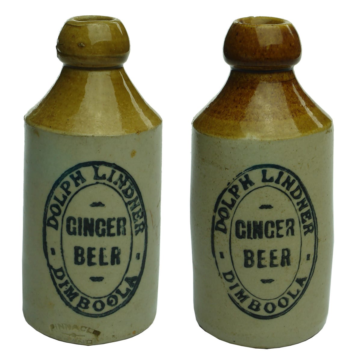 Pair of different Dolph Lindner Dimboola Ginger Beers. Pinnacle Brand to smaller one and no potter to the larger one. (Victoria)