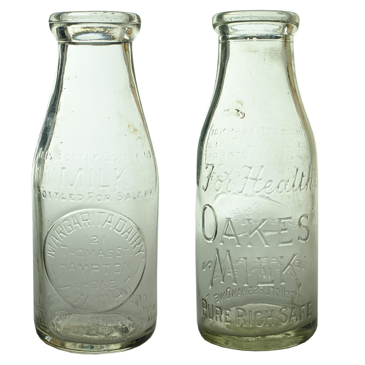 2 Pint Milks. Margarita Dairy, Thomas St., Hampton. Base: 340. and A. Oakes & Sons Pty Ltd, Richmond. Base: 28. (Victoria)