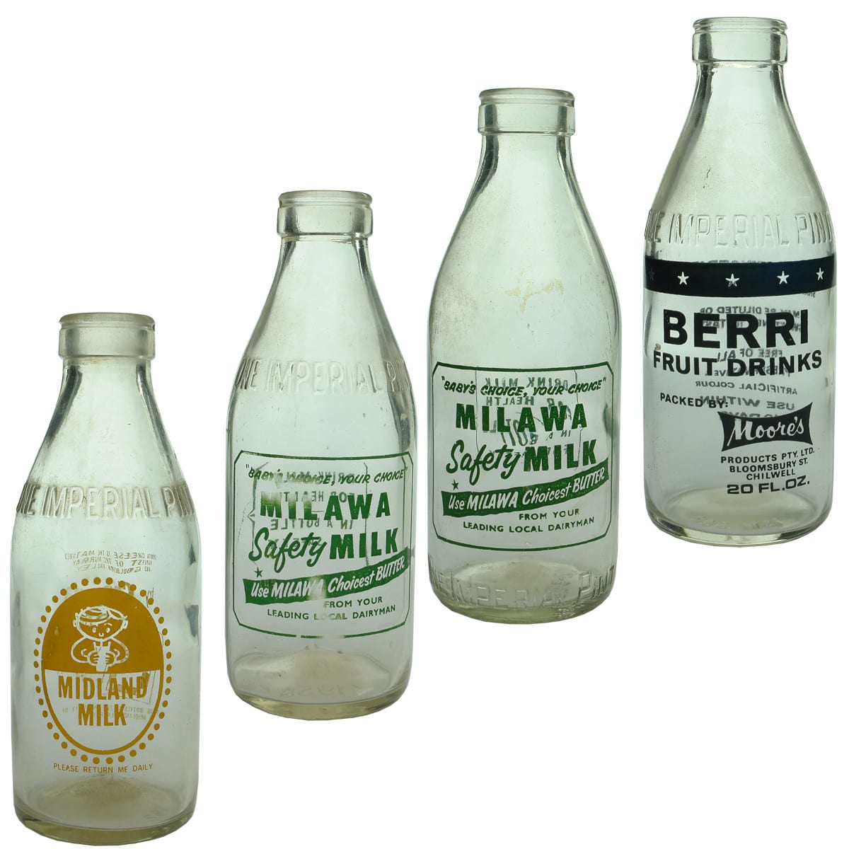 4 Ceramic Label Milks (& Juice): Midland Milk; 2 x Milawa Safety Milk; Berri Fruit Drinks Moore's Chilwell. (Victoria)