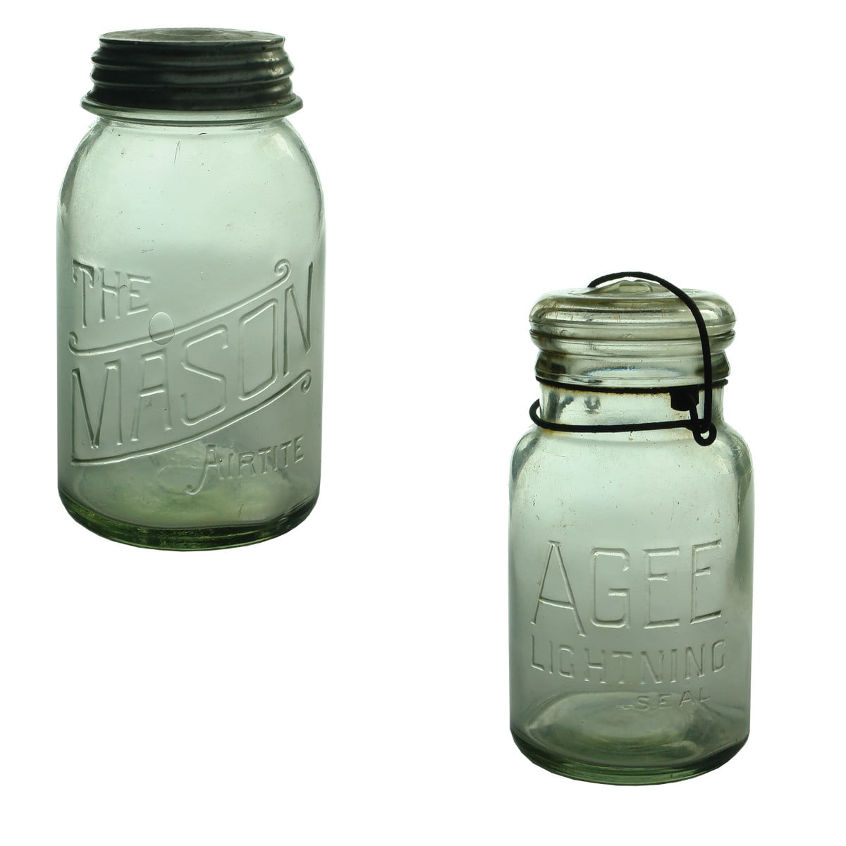 2 Fruit Jars. The Mason Airtite and Agee Lightning Seal.