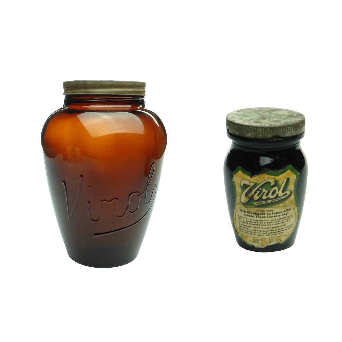 Bulk and small amber Virol jars with original tins lids. 224 mm and 81 mm.