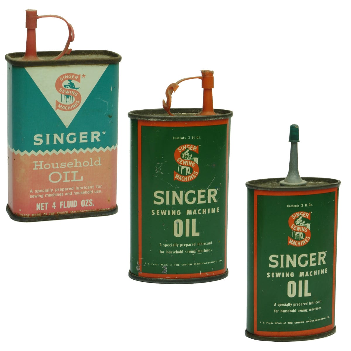 3 Singer Household and Sewing Machine oil tins. 3 & 4 oz.