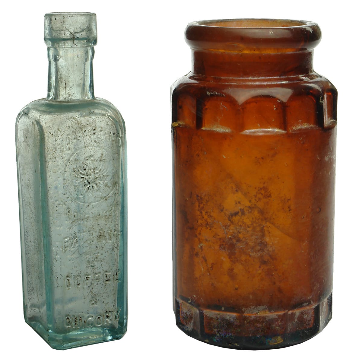 Two Household Bottles: Adler Brand Coffee & Plain amber "Rosella" style jar.