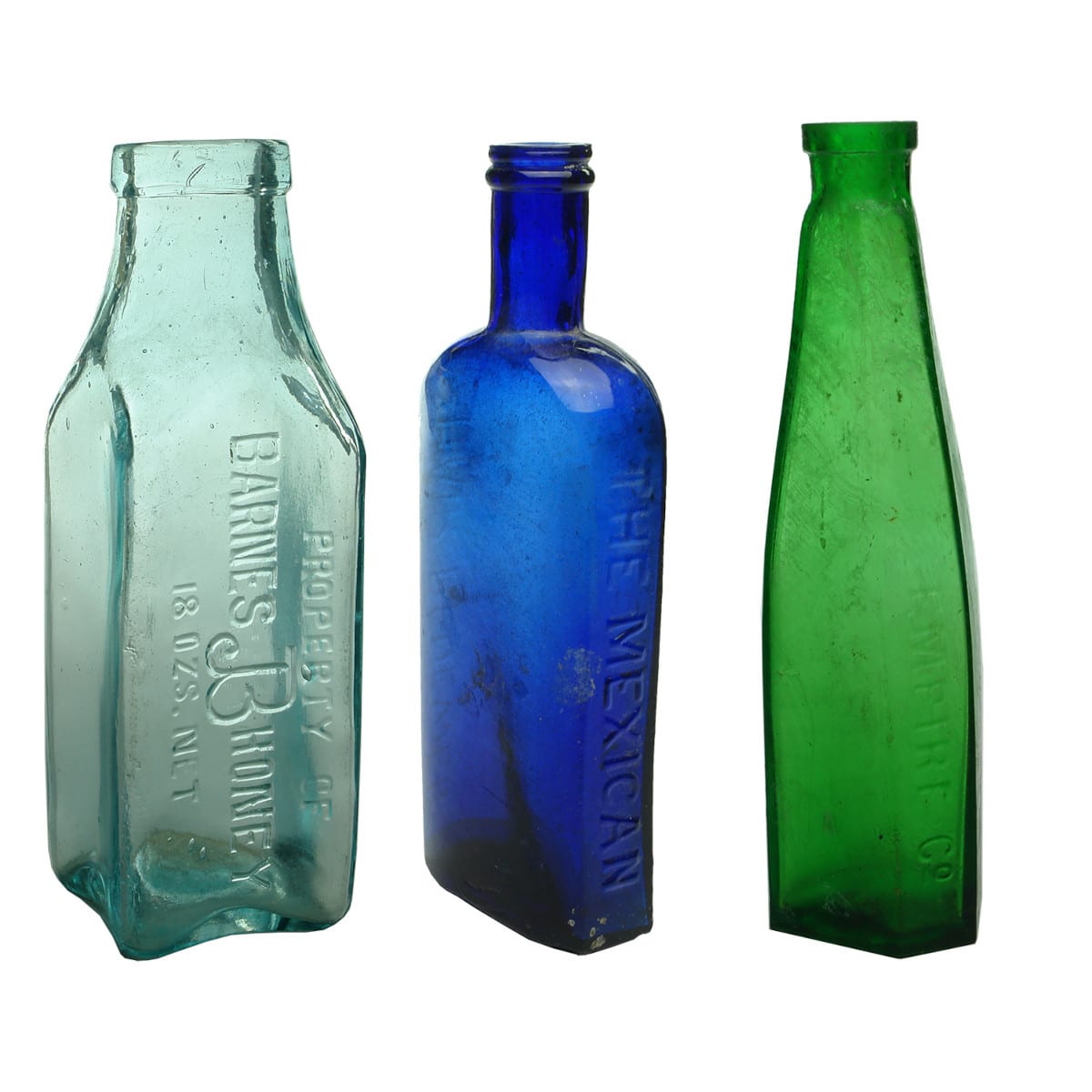3 Household type bottles: Barnes 18 oz Honey Jar; Mexican Hair Renewer; Empire Co. Robert Harper.