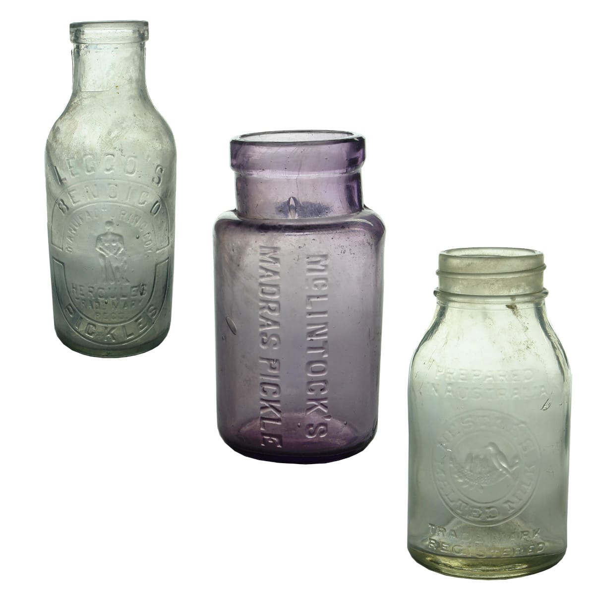 3 Jars: Leggo's Hercules Pickles; McLintock's Madras Pickle; Nestle's Malted Milk.