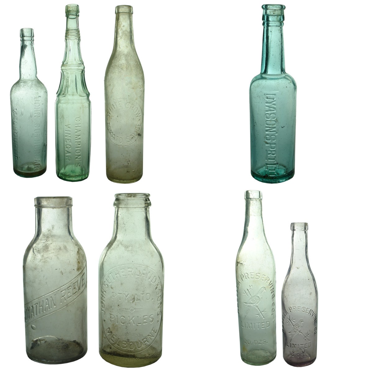 8 Household Bottles: John Sutherland; Champions Vinegar; Jonathon Reeve; Sutherland; White Crow Sauce; Dyasons; Rosella Preserving Co x 2.