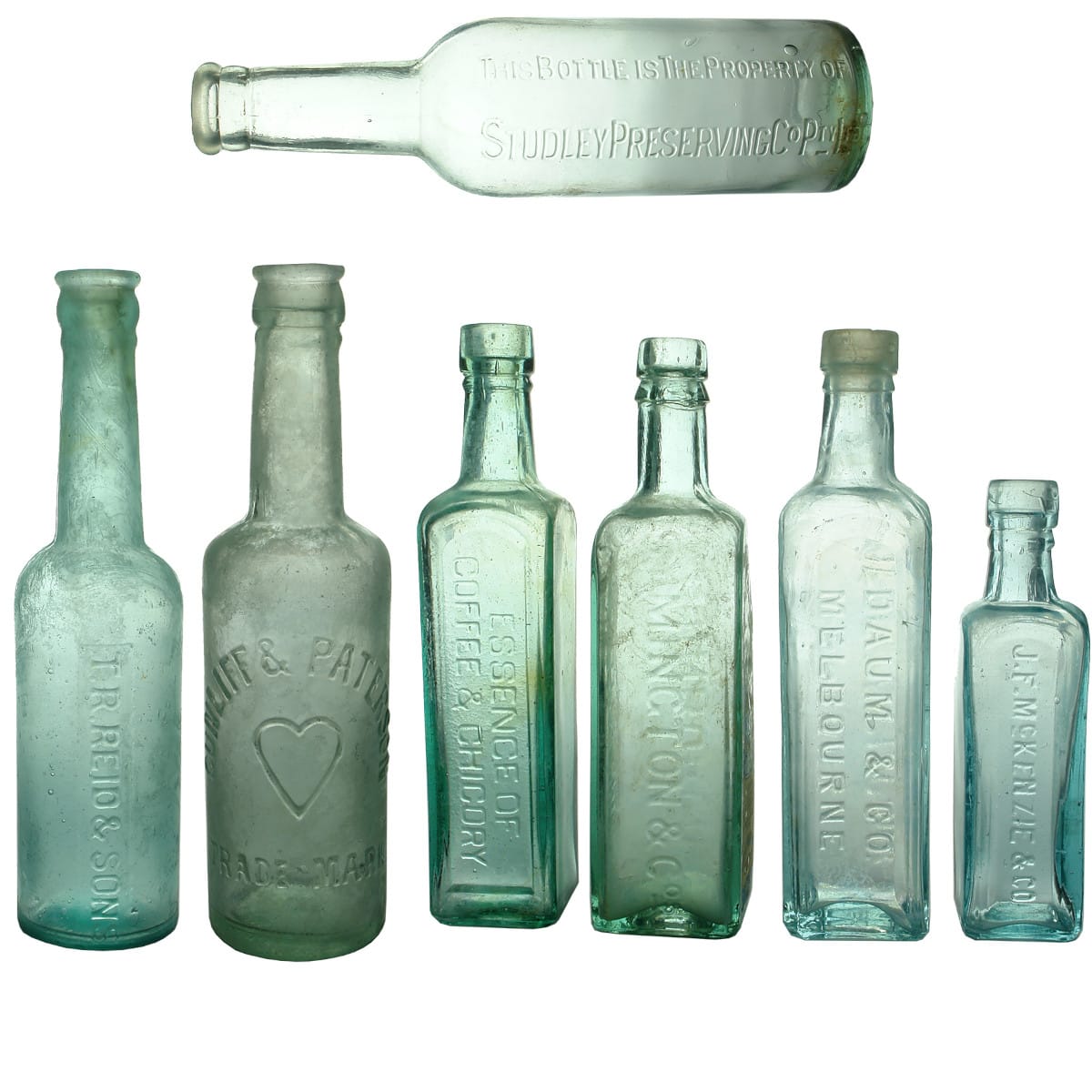 7 Household Bottles: Studley Preserving Co; Cunliff & Paterson; T. R. Reid & Sons; 4 x Coffee Essences.