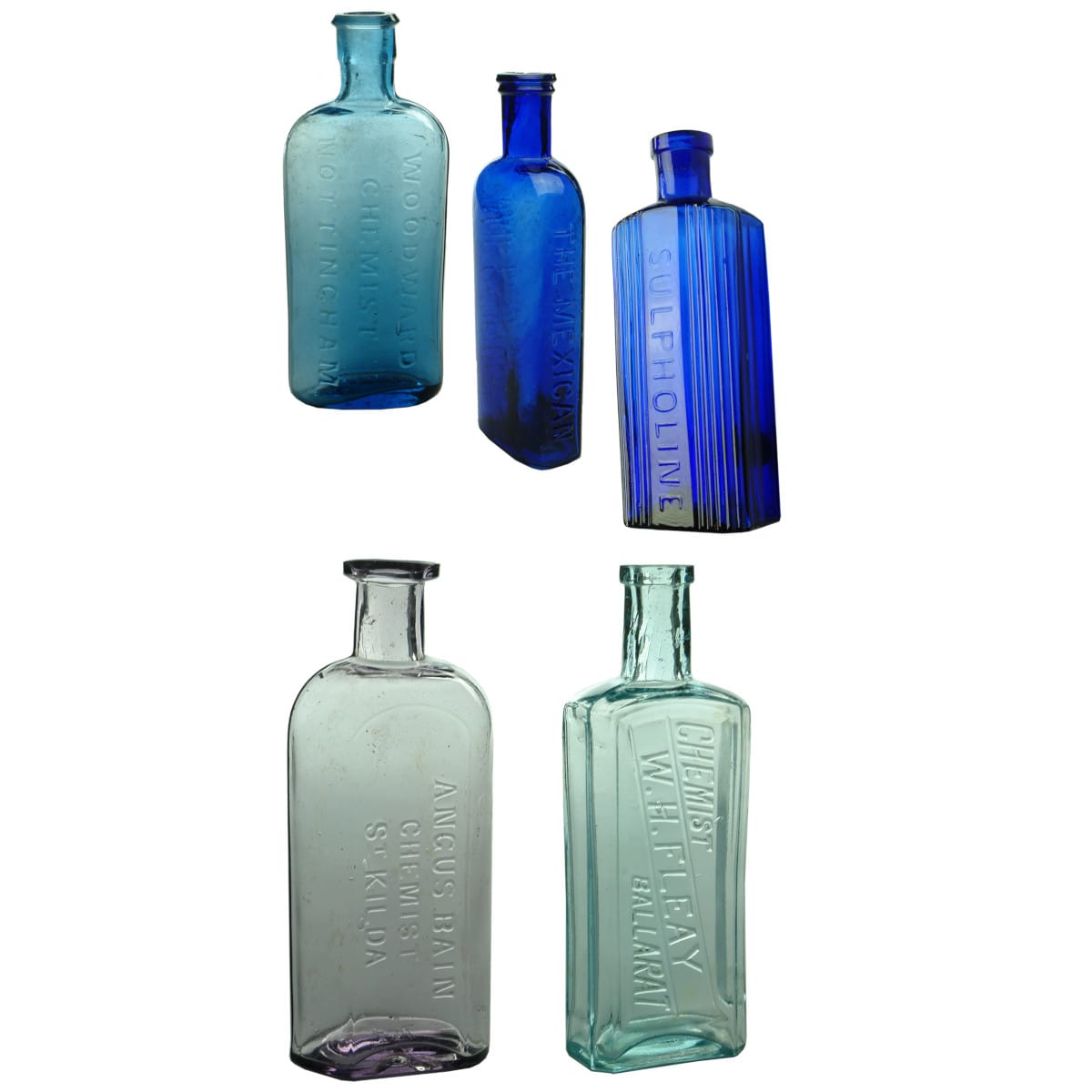 5 Chemist type bottles: Woodward, Nottingham; Mexican Hair Renewer; Sulpholine; Angus Bain St Kilda; W. H. Fleay, Ballarat.