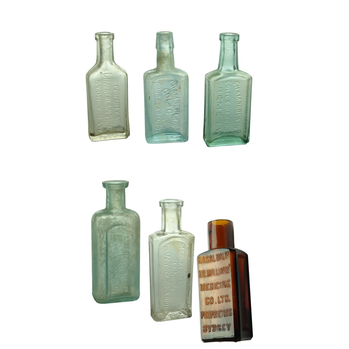 6 Chemist type Bottles: 3 x Chamberlain Remedies; C. F. Williams North Adelaide; A. M. Bickford & Sons Ltd; Dr Williams Medicine Co.