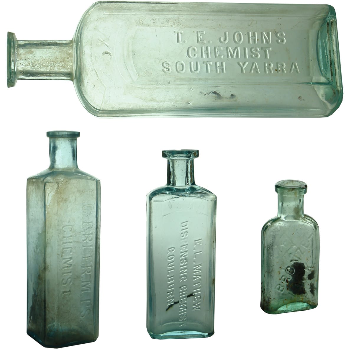 4 Bottles: T. E. Johns, South Yarra 10 oz; F. G. Erler M. P. S. Chemist (Wagga); E. L. Mathew, Goulburn; Bronze-Lack. (Victoria & New South Wales)