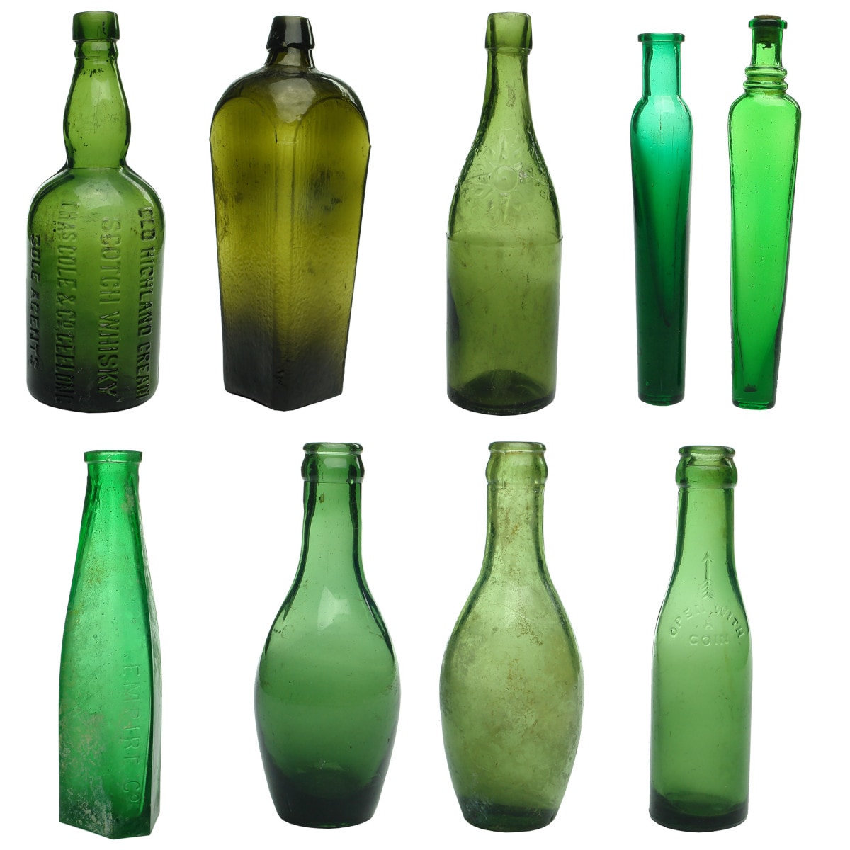 9 Green Bottles. Chas Cole Whisky; Gin; Compass Beer; Lavender Waters; Empire Co; Skittles; Open with a coin crown seal.