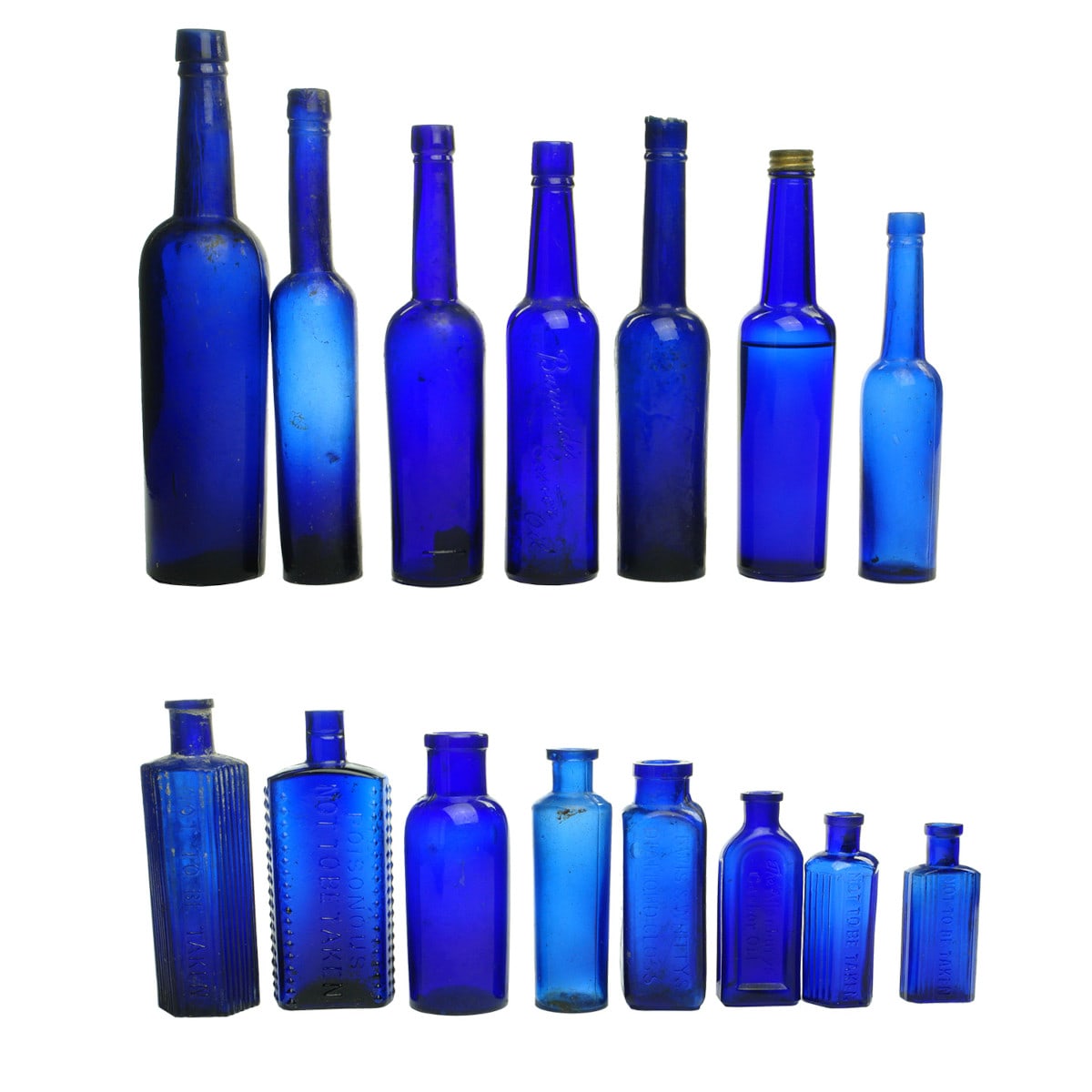 15 Cobalt Blue Bottles: Castor Oils; Allen & Hanbury's; Poisons, Made in Japan; Lewis & Whitty's; Plain Jars.