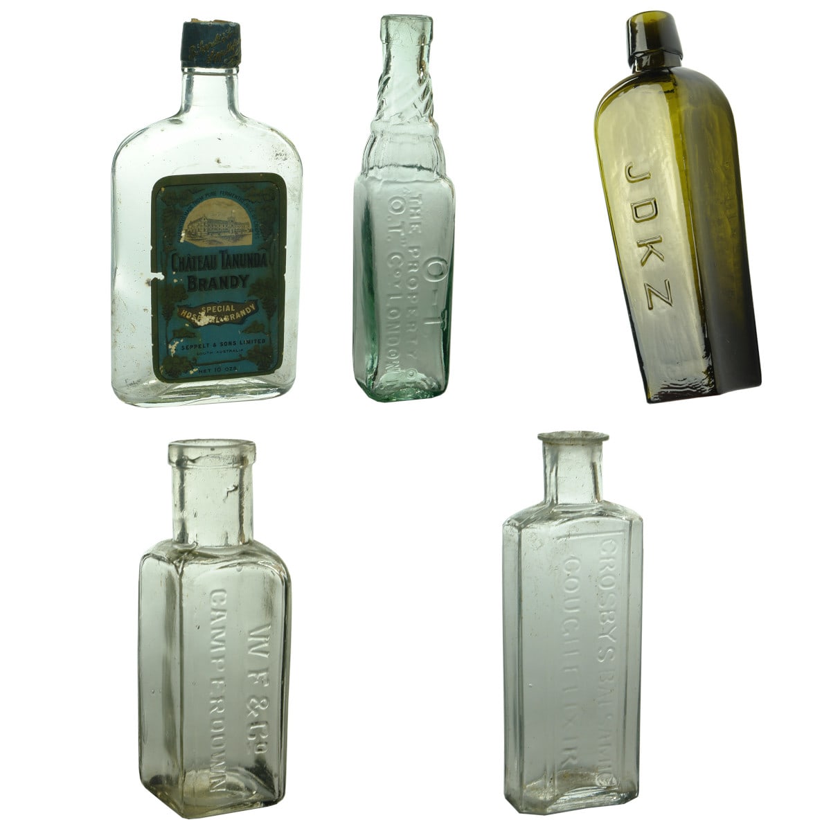 5 small Bottles: Labelled Seppelts Brandy Flask; Sample OT London Cordial; Sample JDKZ Gin; WF Co Camperdown; Crosbys Elixir.