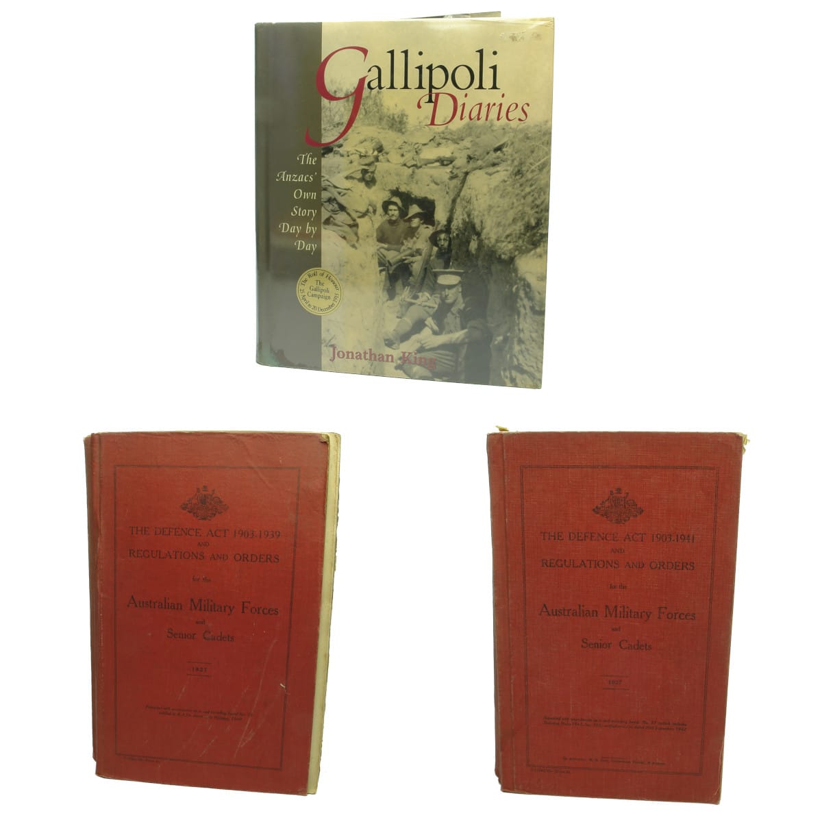 3 Military related books: Gallipoli Diaries; The Defence Act x 2, different printings.