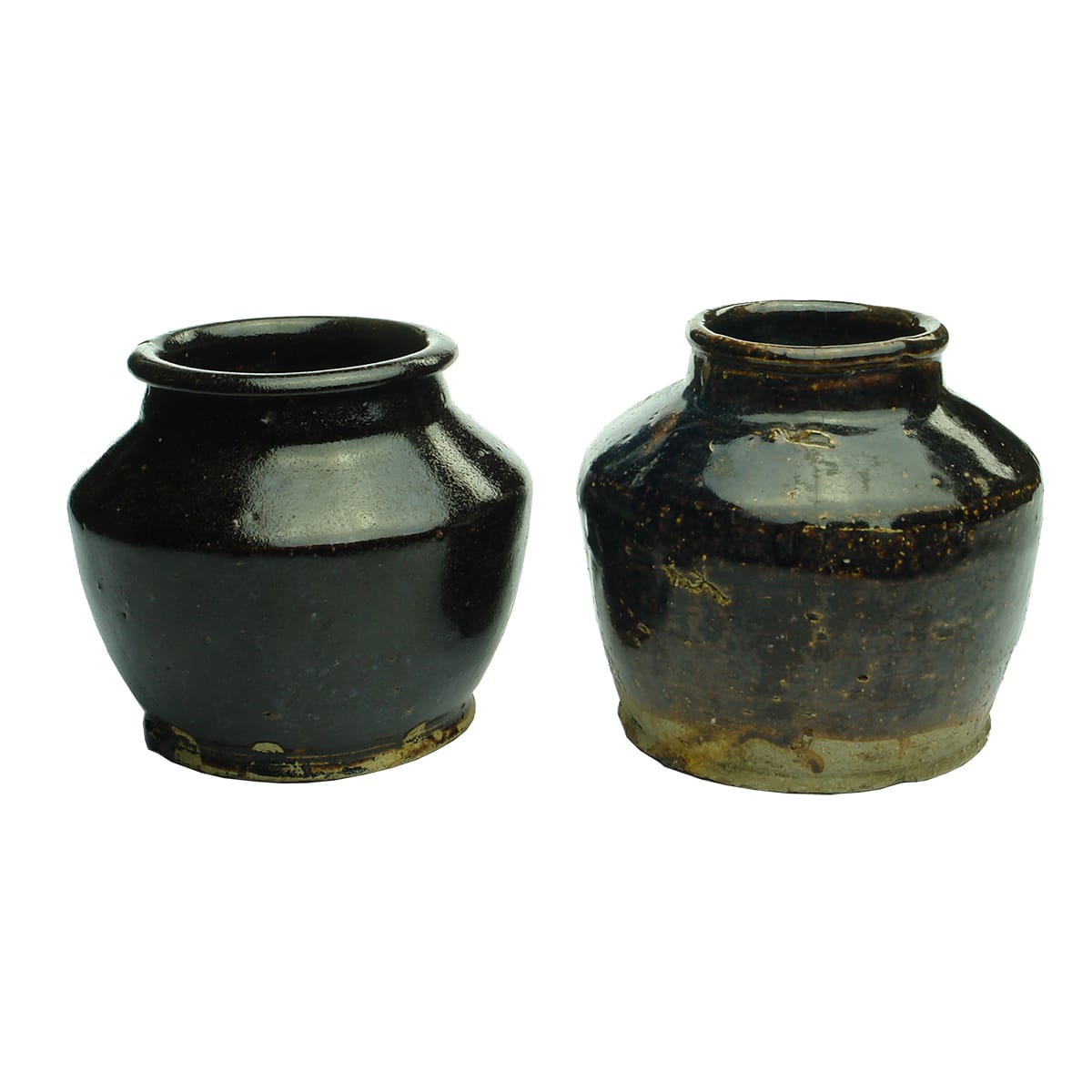 2 smaller brown glaze Chinese Bean Jars. Wide mouth jars.