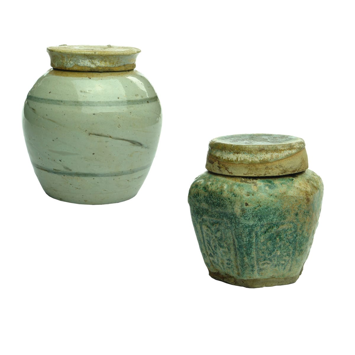 2 Chinese Ginger Jars. Large grey with dark bands. Small green hexagonal.