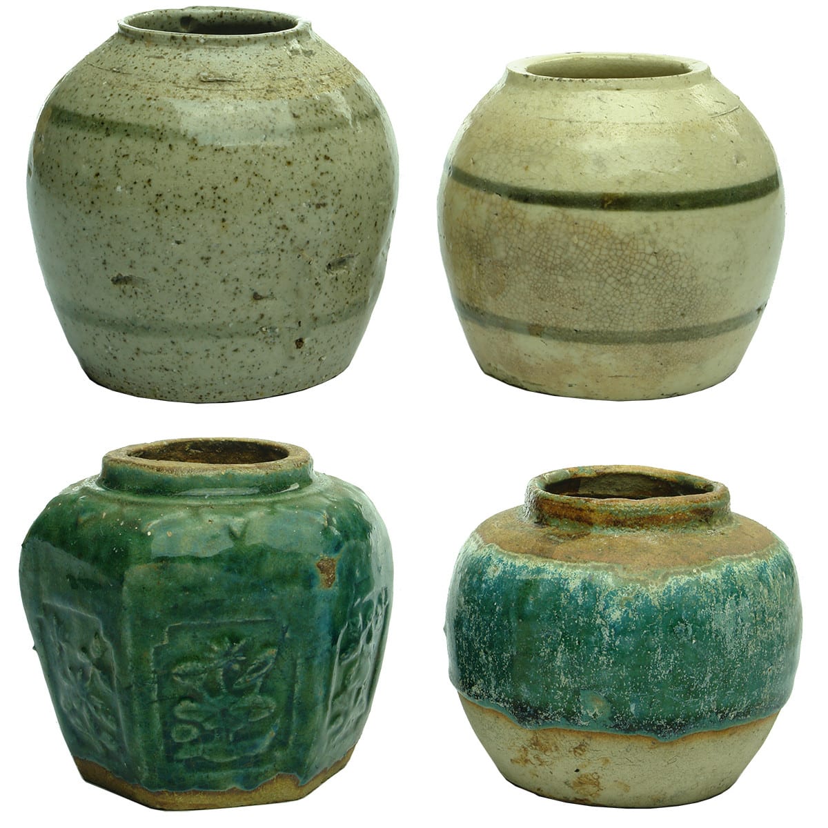 4 Small Chinese Ginger Jars. 2 x Grey/White, Round Green & Hexagonal Green.