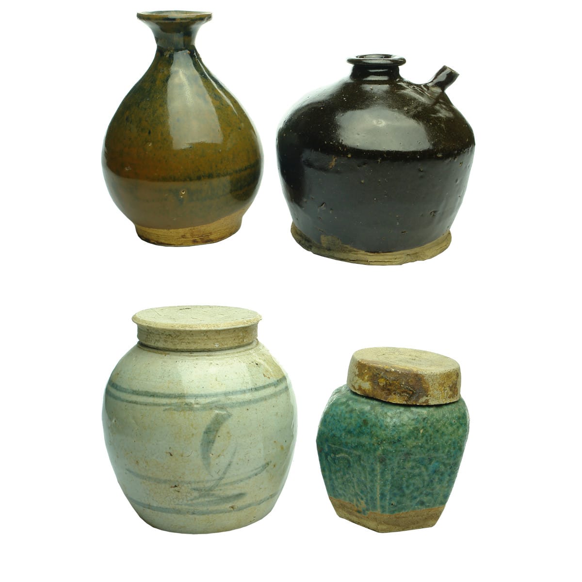4 Chinese Pieces. Tiger Whisky; Soy Sauce; Round grey ginger jar; Hexagonal Green Ginger Jar.