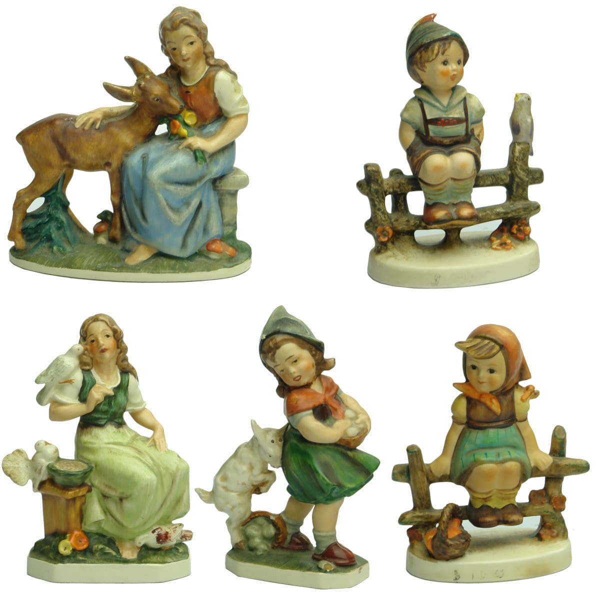 5 Moulded pottery figurines. Cinderella, Little Brother & Sister, Egg Girl (Friedel Germany). 2 x small children on fences. (W. Goebel West Germany)