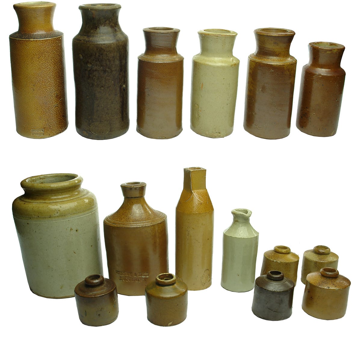 16 pieces of Stoneware. Penny Inks; Blacking Jars; Street & Day; Registered Ink; Vickery's Emulsion.