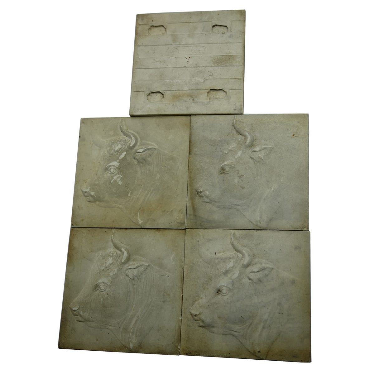 Tiles. Five Unglazed Tiles with Raised Bull's Head.